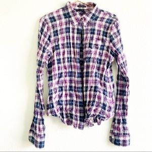 THEORY long sleeve button down up plaid blouse shirt Large top crinkle